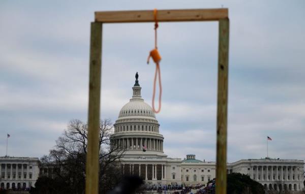 A noose is seen on makeshift gallows as supporters of Do<em></em>nald Trump gathered on the West side of the U.S. Capitol on Jan. 6, 2021. 